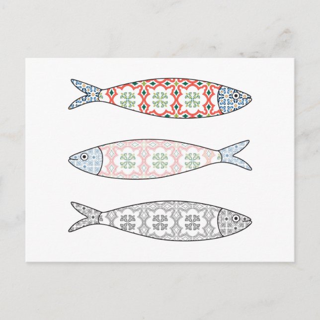 Postal Icono tradicional portugués. Sardinas coloreadas (Anverso)