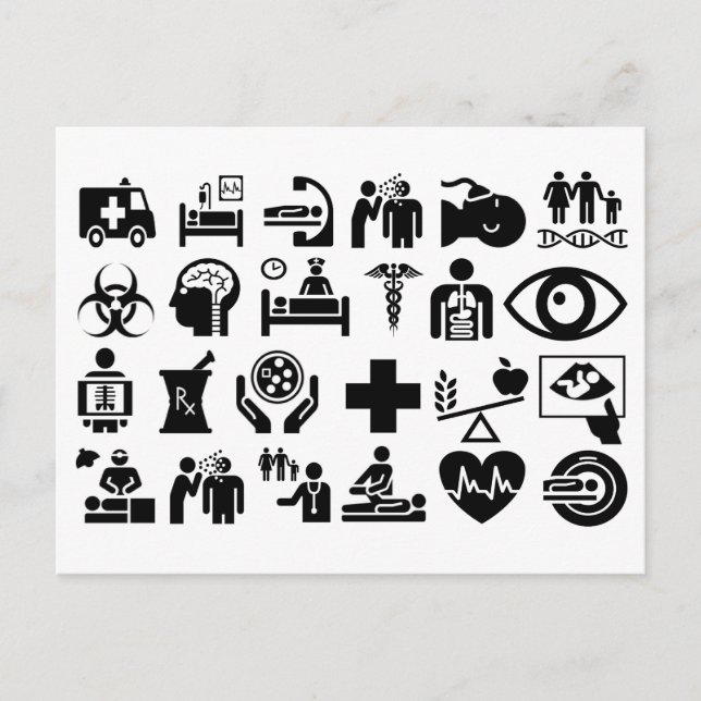 Postal Iconos médicos diseño negrita en blanco y negro (Anverso)