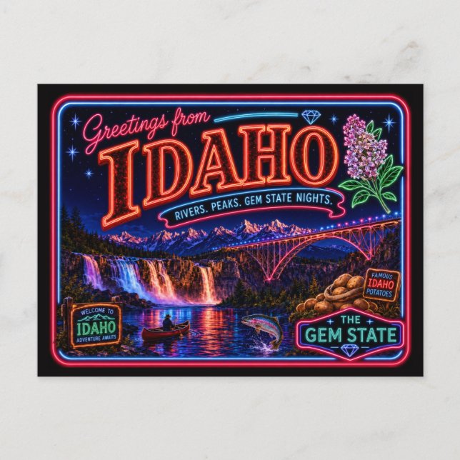 Postal Idaho Neon Estado Retro Vintage (Anverso)