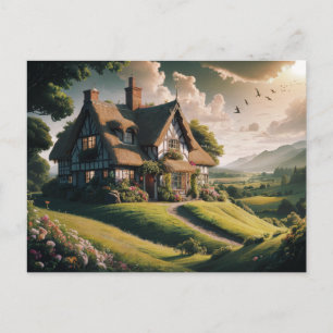 Postal Idílica cabaña de paja en un exuberante campo