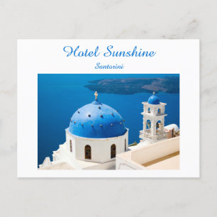 Postal Iglesia de Grecia Santorini foto azul y texto