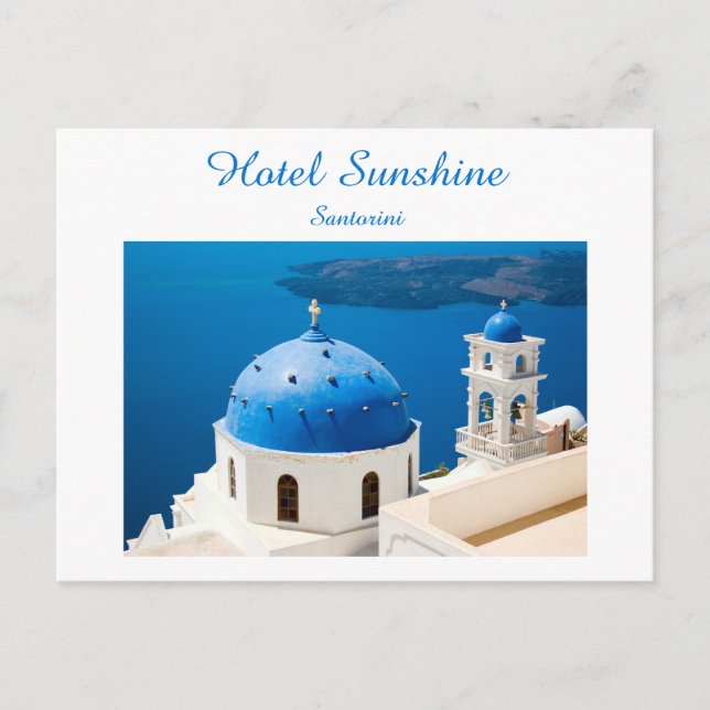 Postal Iglesia de Grecia Santorini foto azul y texto (Anverso)