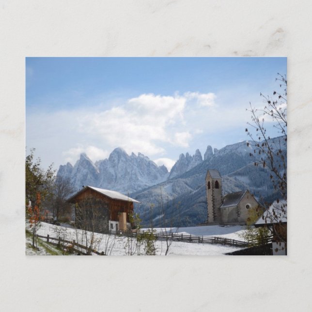 Postal Iglesia de los Dolomitas en invierno (Anverso)