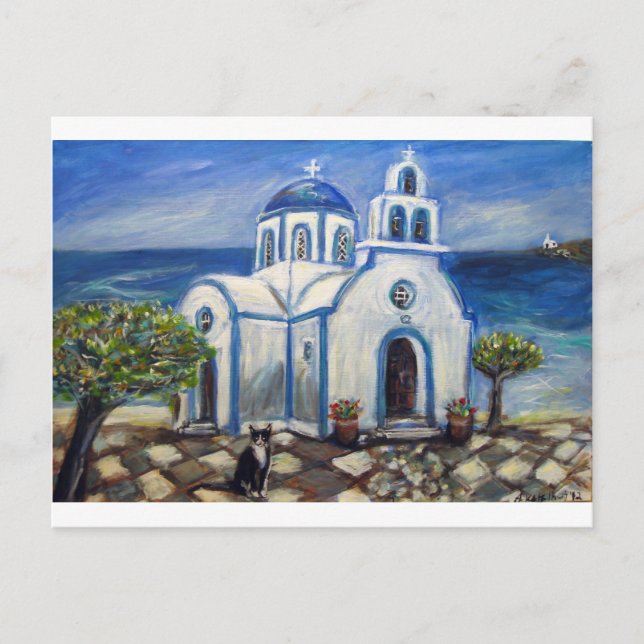 Postal Iglesia del Gato del Tuxedo en pintura de la isla  (Anverso)