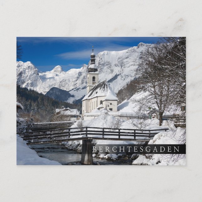 Postal Iglesia en la nieve con los Alpes (Anverso)