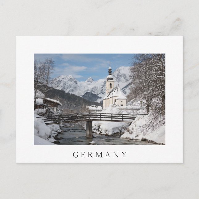 Postal Iglesia en la nieve con los Alpes en invierno (Anverso)