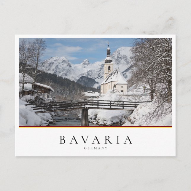 Postal Iglesia en la nieve con los Alpes en invierno (Anverso)