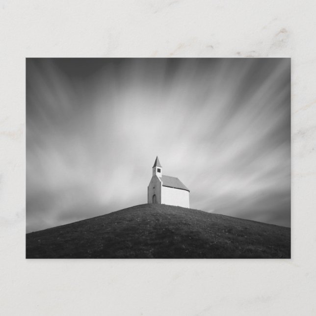 Postal Iglesia en una colina en blanco y negro (Anverso)