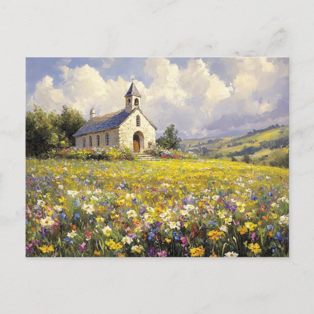 Postal Iglesia Rodeada De Pinturas De Flores Silvestres (Anverso)
