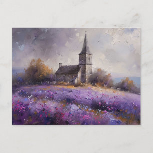 Postal Iglesia Rústica y Pintura de campo de flores viole