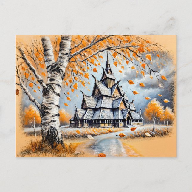 Postal Iglesia Stave en el dibujo de Pastel Chalk (Anverso)