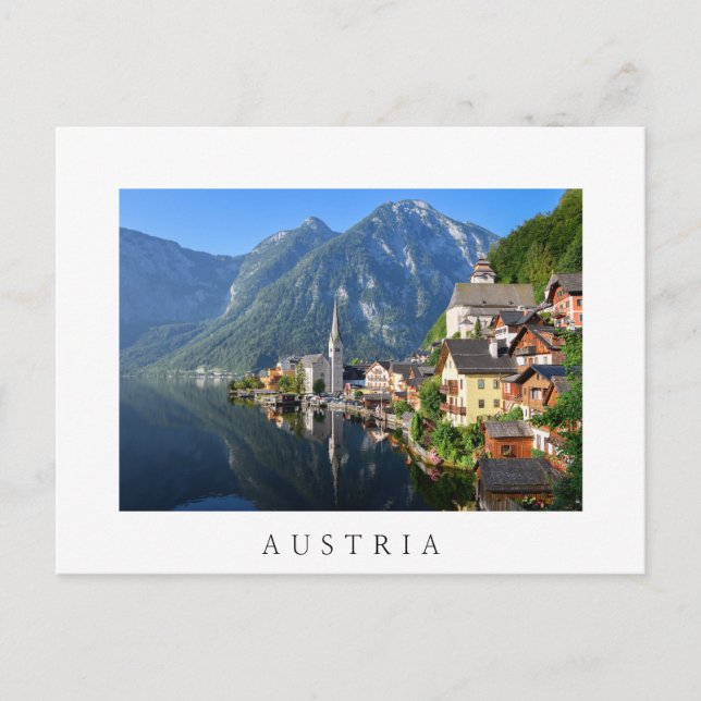 Postal Iglesia y pueblo de Hallstatt, Austria con Alpes (Anverso)