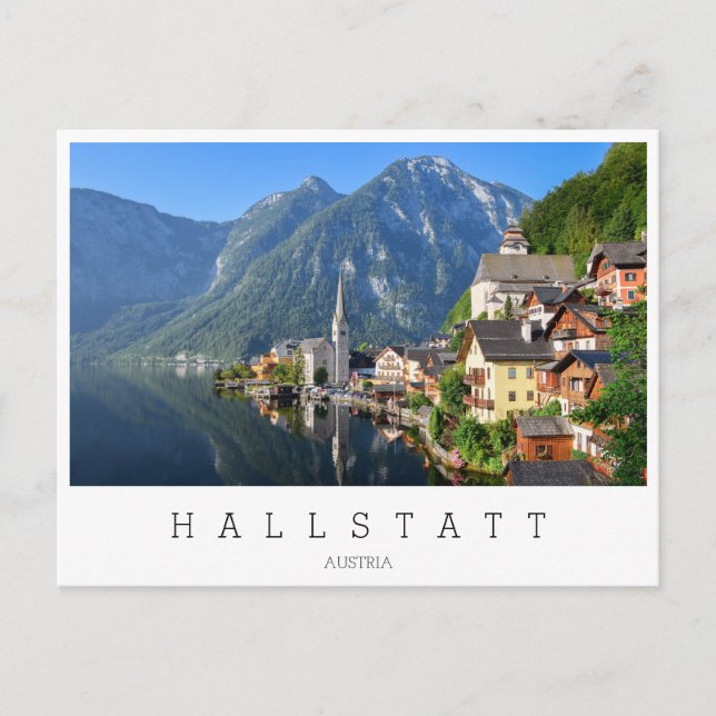 Postal Iglesia y pueblo de Hallstatt, Austria con Alpes (Anverso)