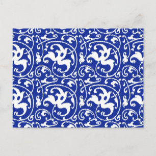 Postal Ikat Floral Damask - Azul Cobalto y Blanco