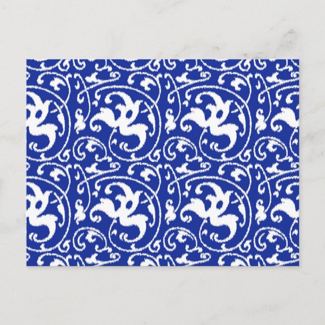 Postal Ikat Floral Damask - Azul Cobalto y Blanco (Anverso)