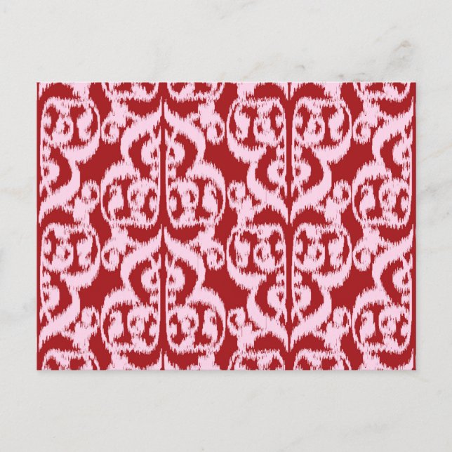 Postal Ikat Moorish Damask - rojo oscuro y rosa (Anverso)