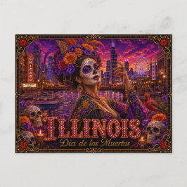 Postal Illinois Día de los Muertos Retro