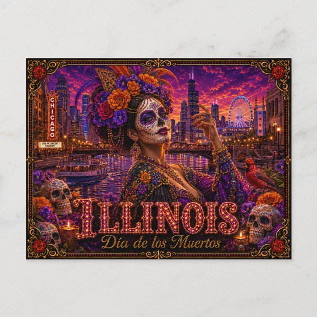 Postal Illinois Día de los Muertos Retro (Anverso)