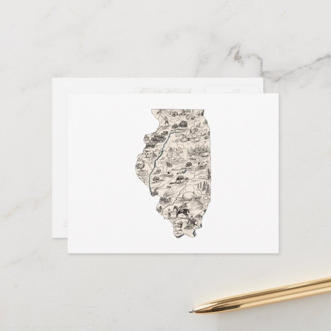 Postal Illinois Vintage Picture Map Antiguo State Chart (Anverso/Reverso In Situ)