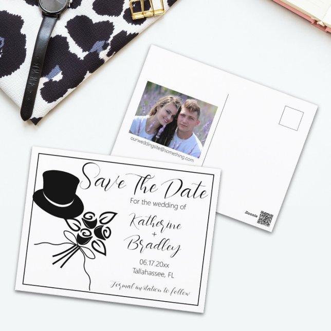 Postal Illustrated Minimalist B/W Script Save the Date (Subido por el creador)