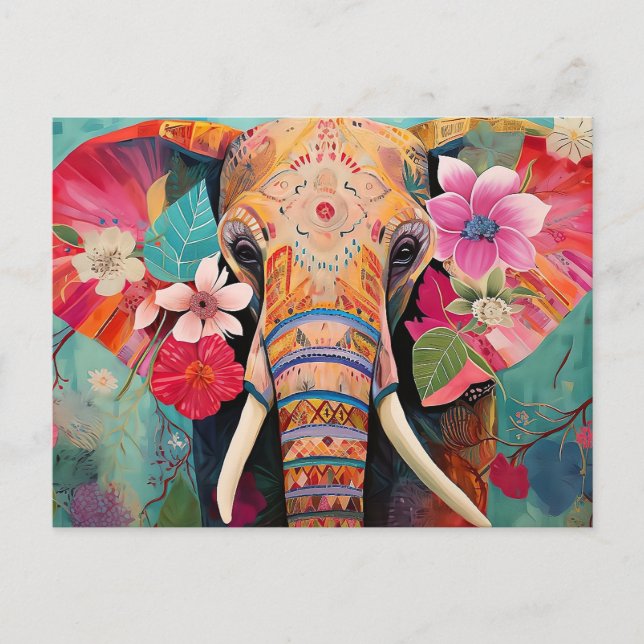 Postal Illustration bunter Elefant mit Blumen (Anverso)