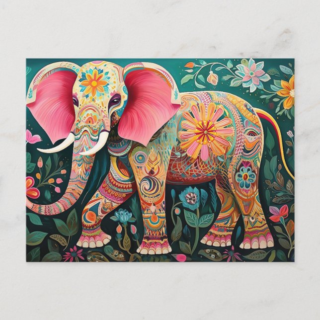 Postal Illustration bunter Elefant mit Blumen (Anverso)