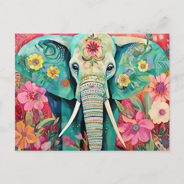 Postal Illustration bunter Elefant mit Blumen (Anverso)