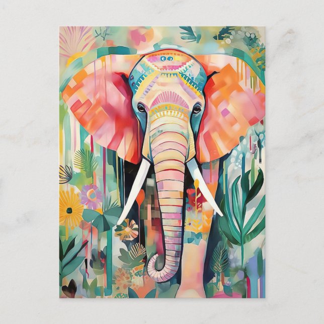 Postal Illustration bunter Elefant mit Blumen pastel (Anverso)