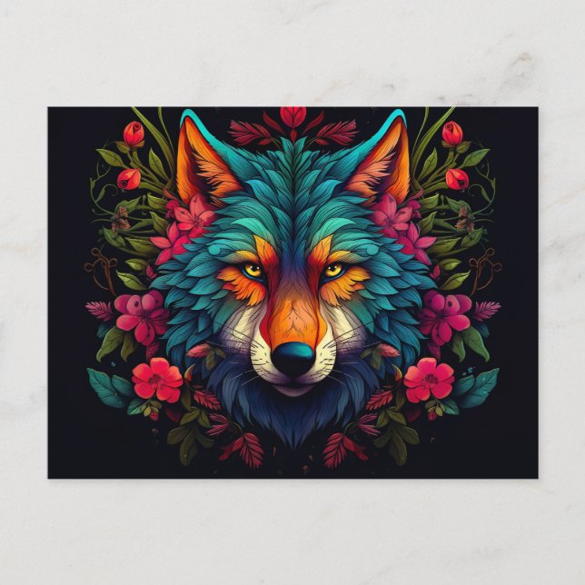 Postal Illustration eines mystischen Wolfes mit Blumen (Anverso)