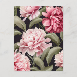 Postal Illustration pink peony flowers with green leaves