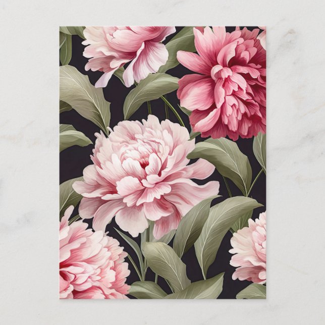 Postal Illustration pink peony flowers with green leaves (Anverso)