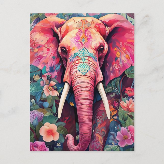 Postal Illustration pinker Elefant mit Blumen (Anverso)