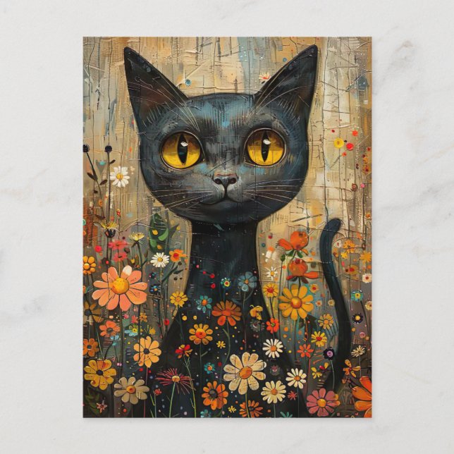 Postal Illustration süße Katze mit Blumen (Anverso)