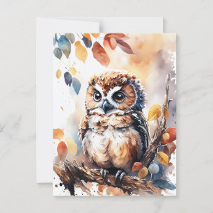 Postal Ilustracion acuarela de búho de otoño