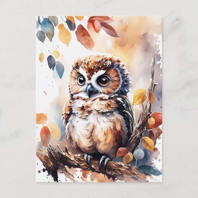 Postal Ilustracion acuarela de búho de otoño (Anverso)