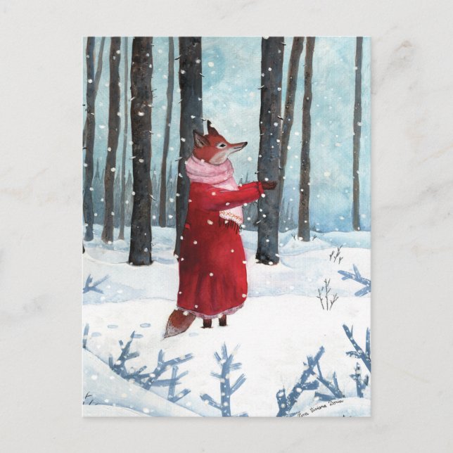 Postal Ilustracion acuarela de Fox Catch Snowflakes (Anverso)