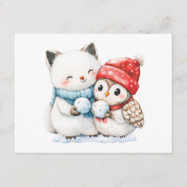 Postal Ilustracion acuarela de Fox y Owl Ártico con
