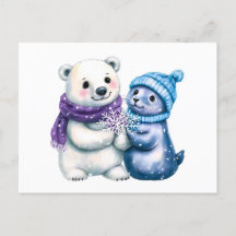 Ilustracion acuarela de un oso y sello polar