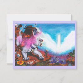 Postal Ilustracion acuarela Niño monta leona blanca