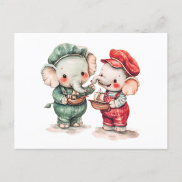 Postal Ilustracion acuático de dos elefantes con barco