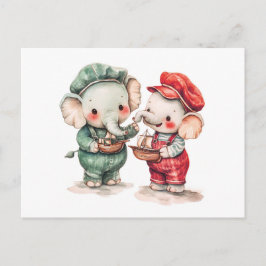 Postal Ilustracion acuático de dos elefantes con barco