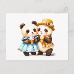 Postal Ilustracion acuático de dos pandas comiendo hielo