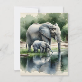 Postal Ilustracion acuático de mamá y bebé elefante