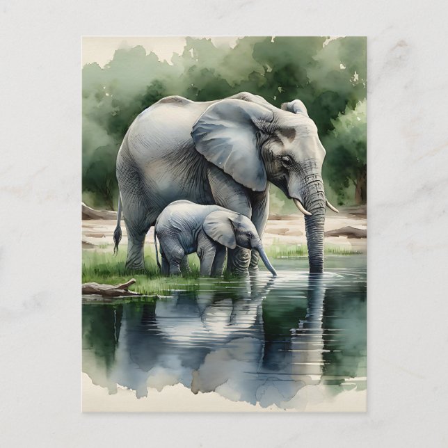 Postal Ilustracion acuático de mamá y bebé elefante (Anverso)