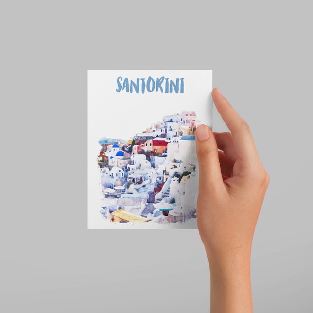 Postal Ilustracion acuático de Santorini Grecia (santorini greek island postcard)