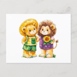 Postal Ilustracion acuático de Teddy Bear y León con