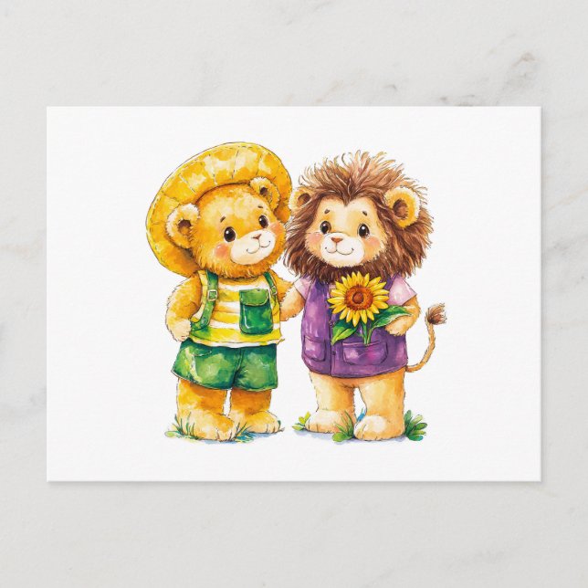 Postal Ilustracion acuático de Teddy Bear y León con (Anverso)