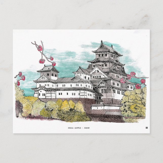 Postal Ilustracion acuático del Castillo de Osaka Japón (Anverso)