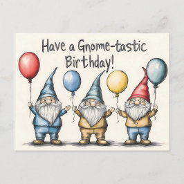 Postal Ilustración adorable de cumpleaños de gnomo con gl