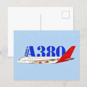 Postal Ilustracion Airbus A380 con diseño de cola roja au